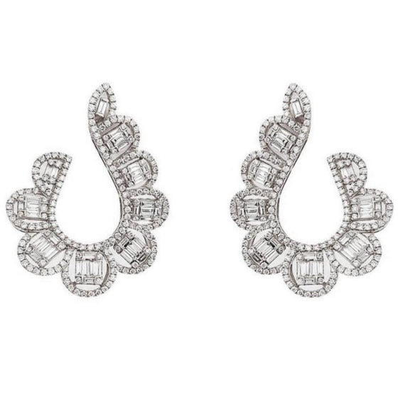 14Kt Yellow Gold Swirl Design Baguette Diamond Omega Back Pierced Earrings  | Jewelers in Rochester, NY